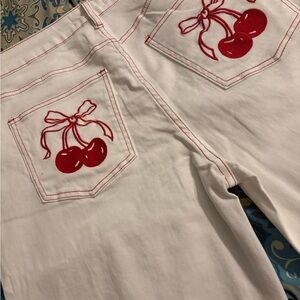 White Pants with Red Cherry Embroidery